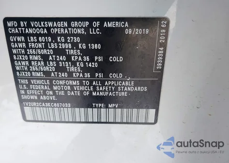 2019 Volkswagen Atlas 3.6L V6 Se W/Technology from USA, damaged, VIN 1V2UR2CA3KC607033